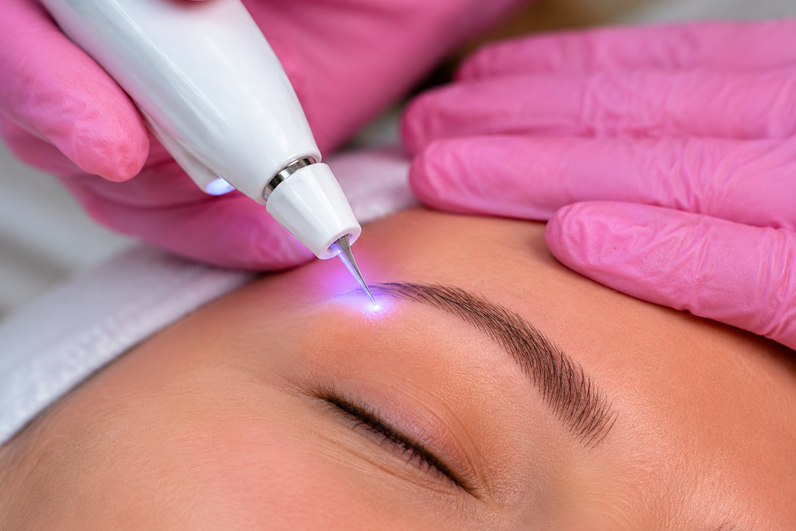 PLEXR Plus plasma therapy treatment being performed for non-surgical eyelid tightening and skin rejuvenation.