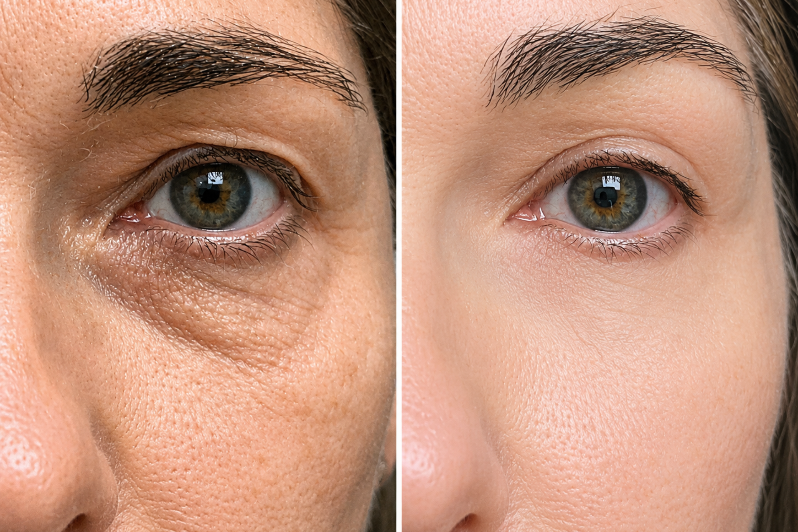 Before and after plasma therapy results showing reduced under-eye wrinkles, smoother skin texture, and improved skin tightening.