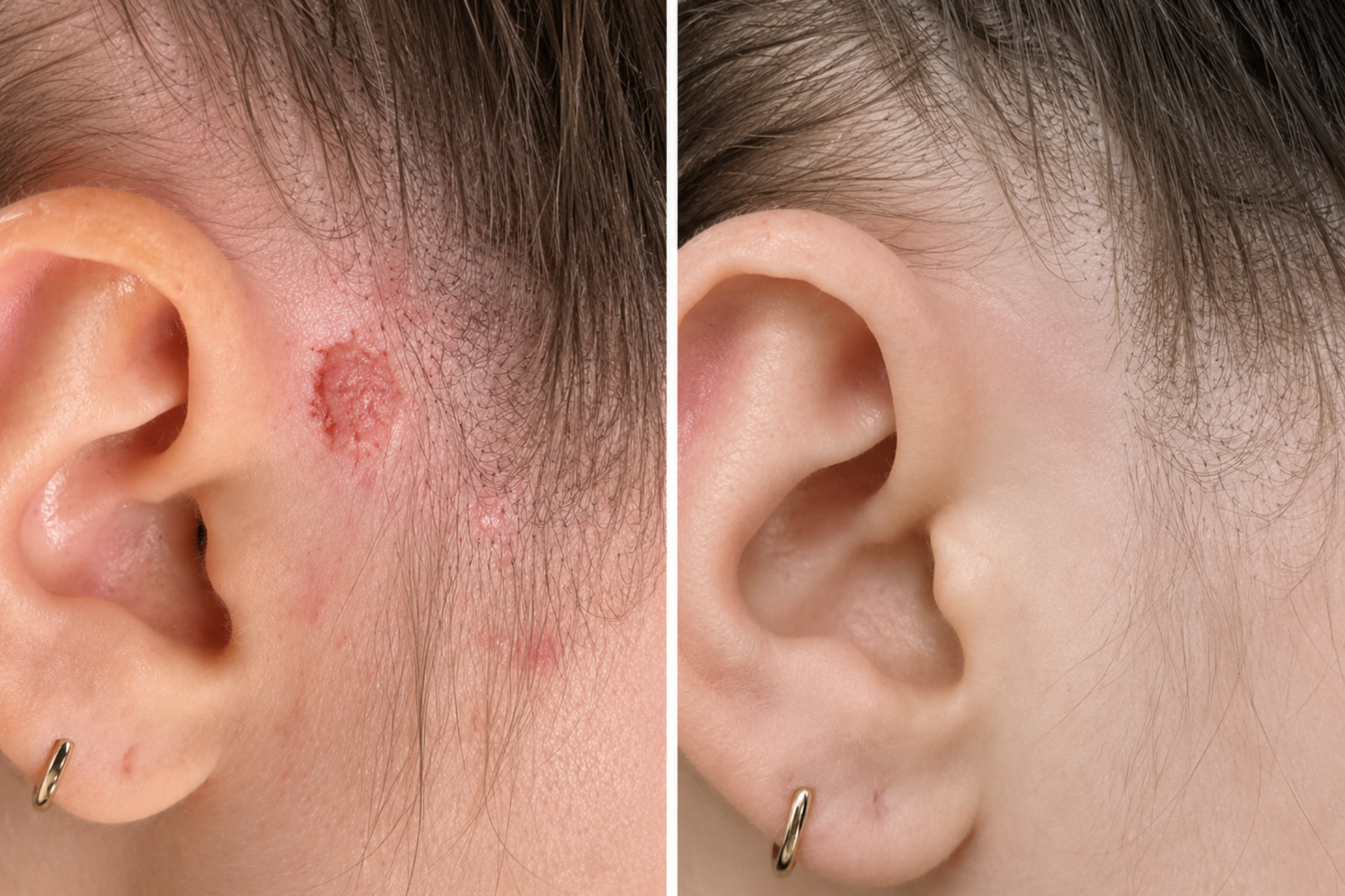 Before and after plasma therapy treatment showing successful removal of a benign skin lesion with improved skin appearance.