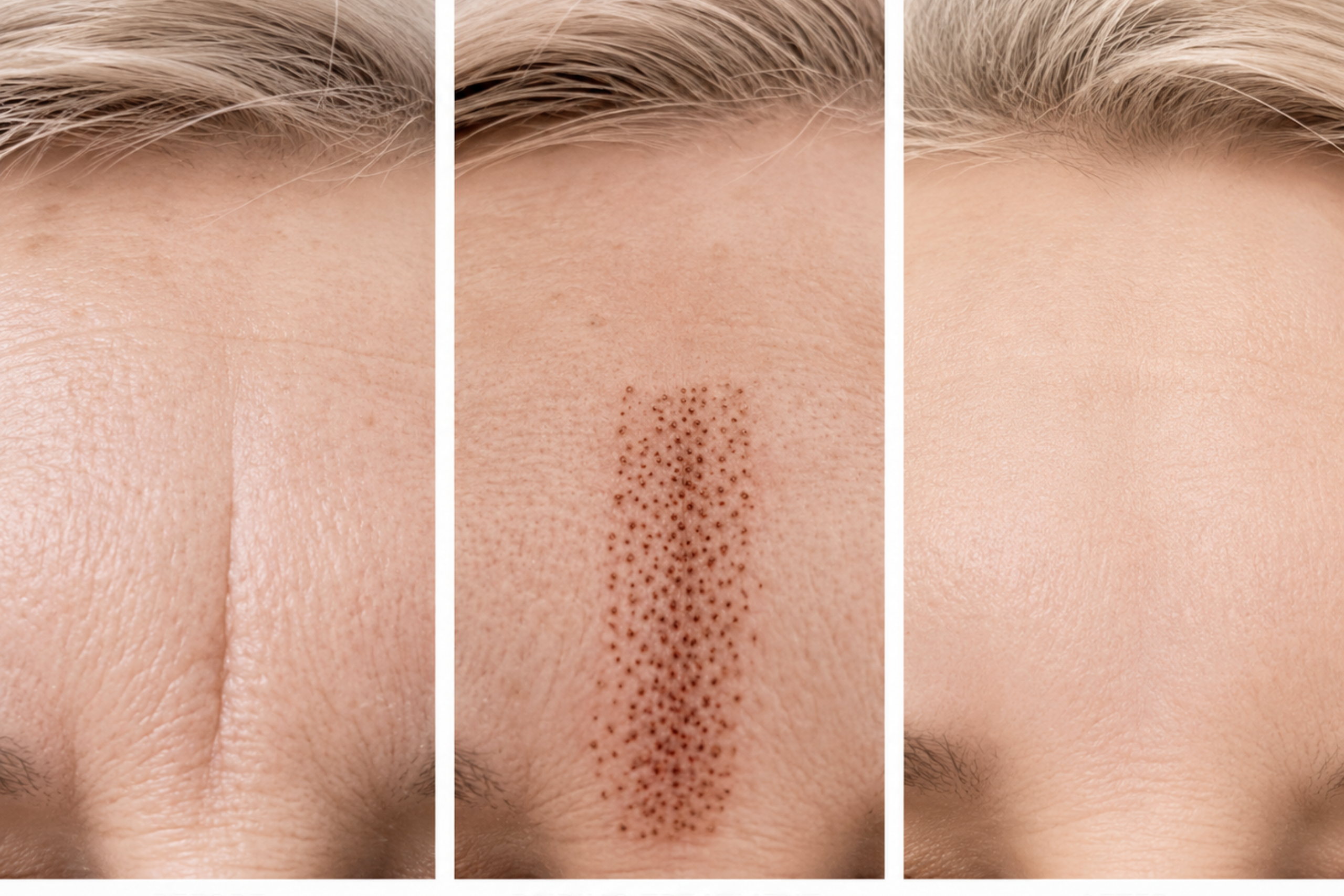 Before, during, and after plasma therapy treatment showing reduction of forehead lines and improved skin smoothness.